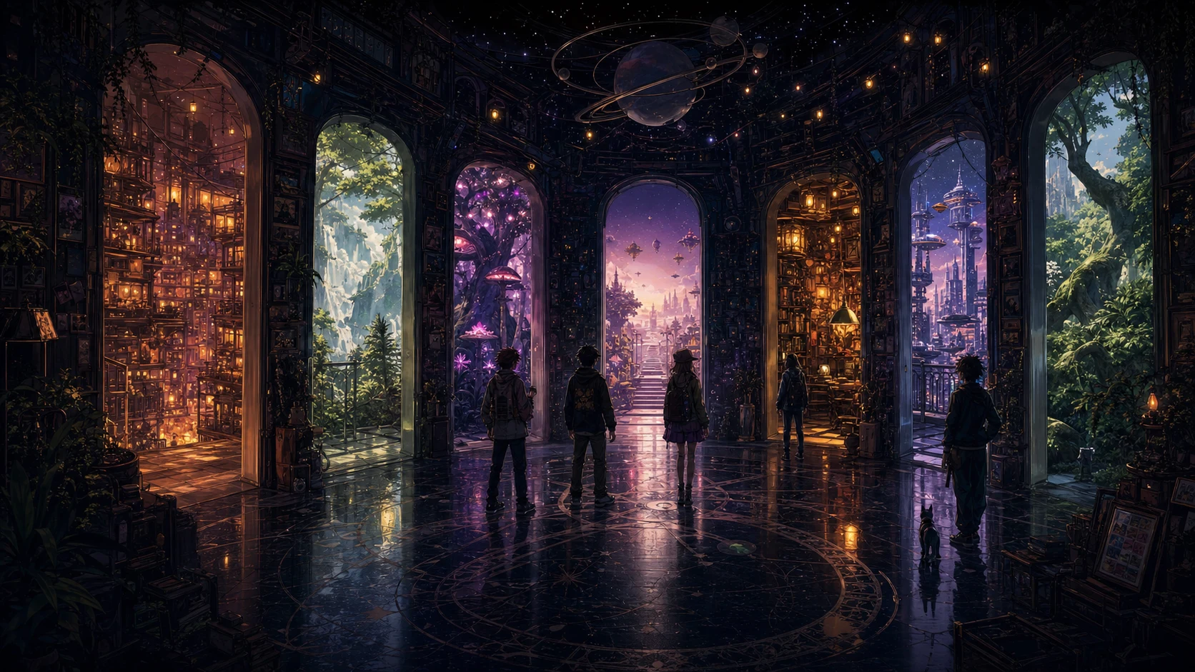Visitors choose among glowing doors into several distinct Dreamplanet worlds beneath a ringed planet.
