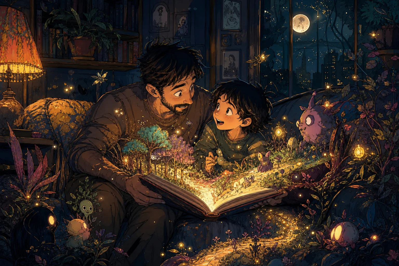 A child and grown-up reading together as a strange glowing world grows from their book.