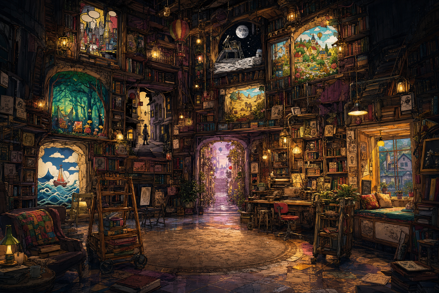 An illustrated library filled with doors into many different story worlds.