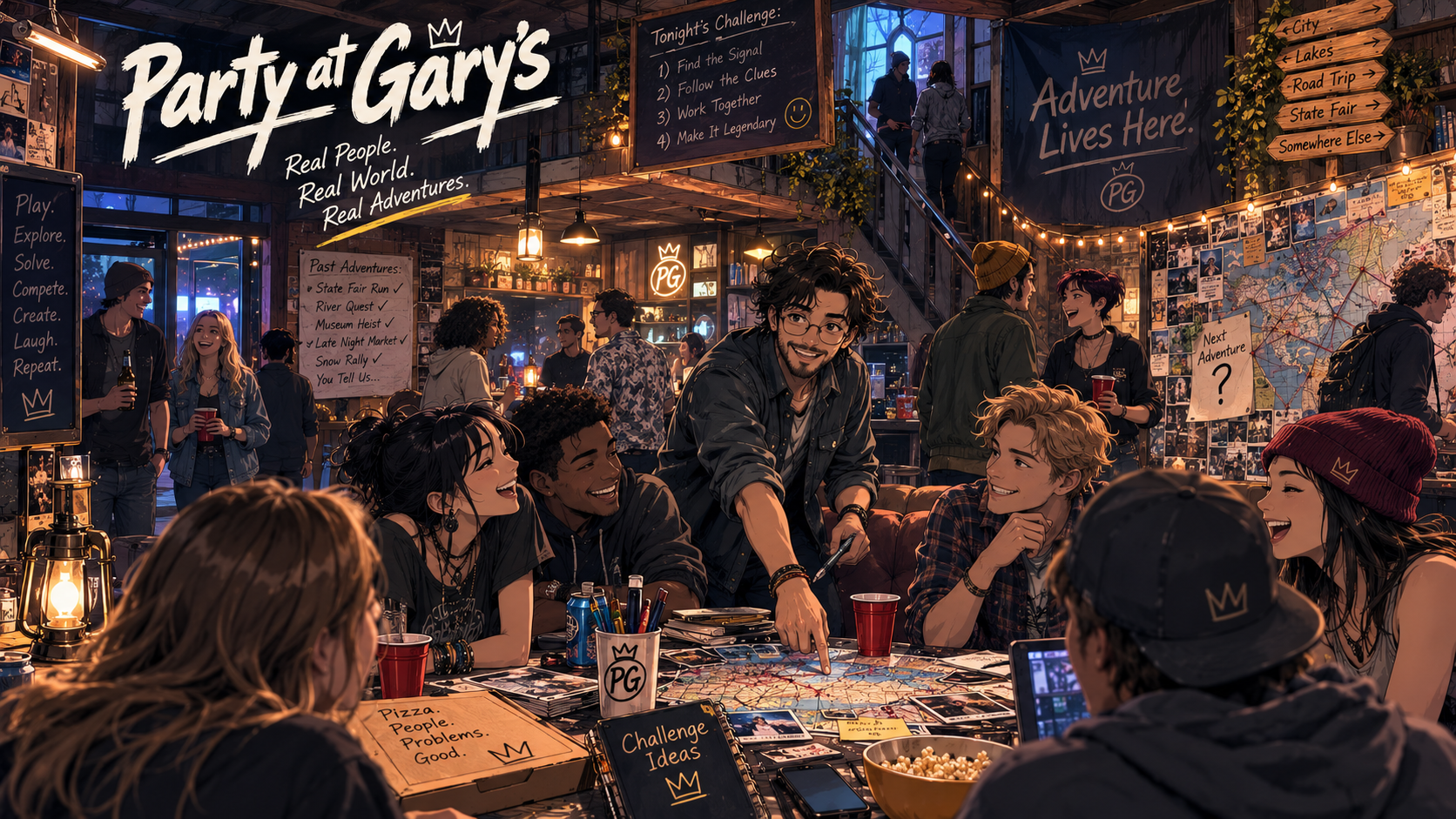 Gary and friends gathered in the Party at Gary's world.