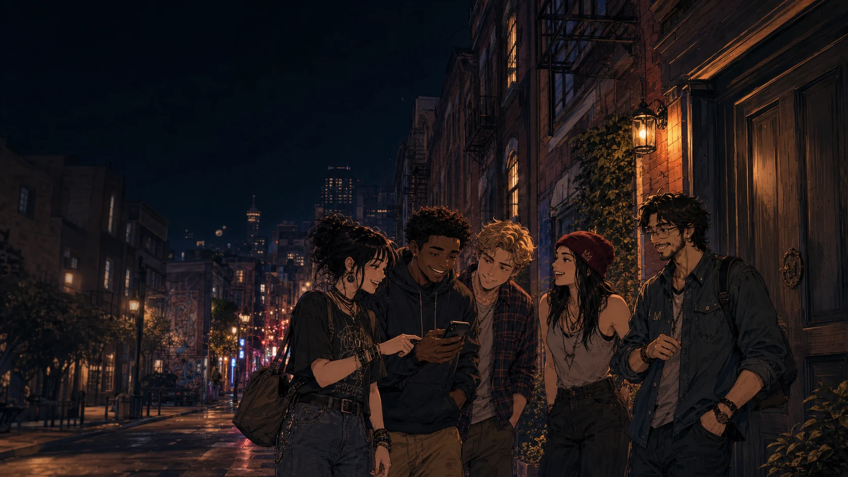 Gary and five friends follow a clue together through a warm city neighborhood at night.