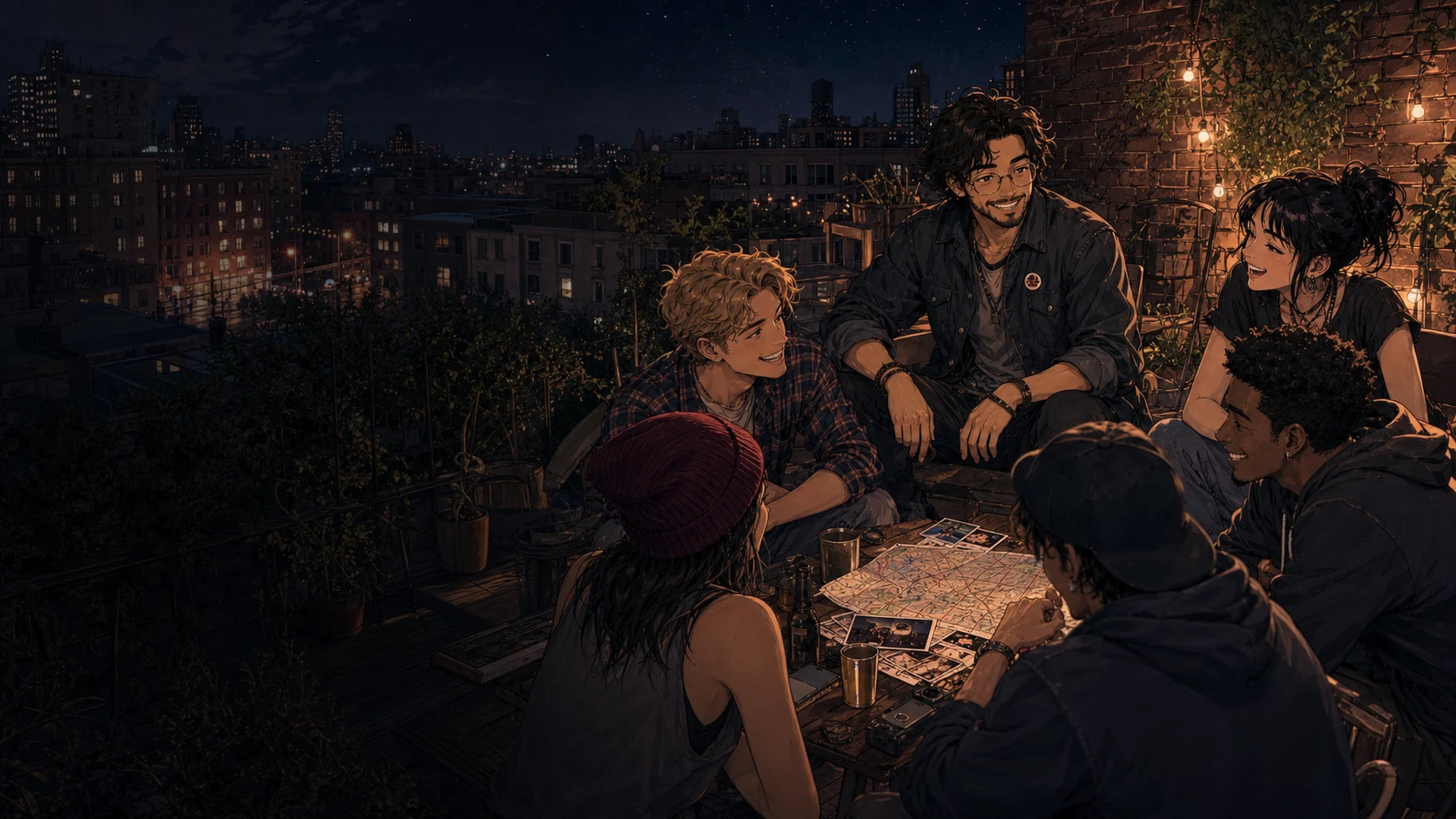 Friends and Gary laugh together above the city after a night of unexpected adventures.
